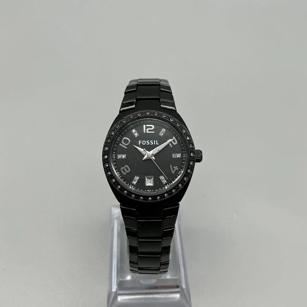 Fossil Womens Watch 28mm Black Dial Stainless Crystals Date New Battery 6.75